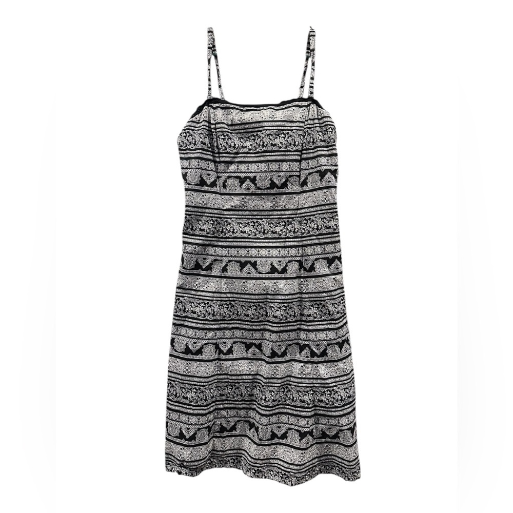 Sandra Darren Black & White Print eyelet trim Spaghetti‎ Strap Dress Size 10